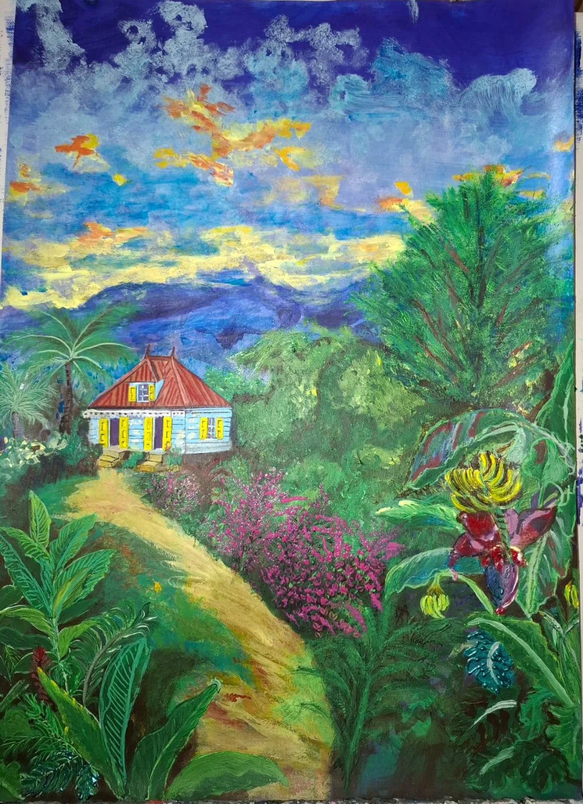 Petite maison au toit rouge au bout d'un chemin tropical