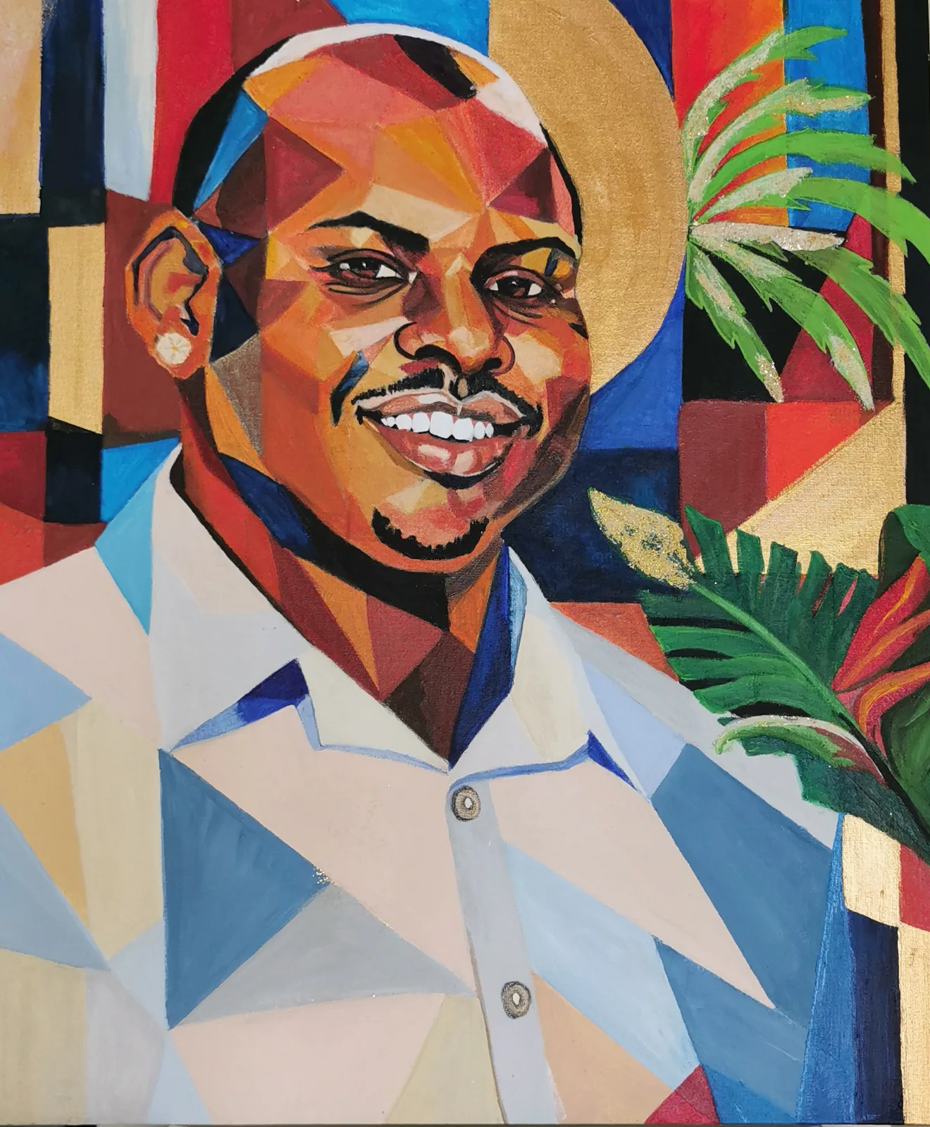 Portrait géométrique d'un homme souriant en chemise claire